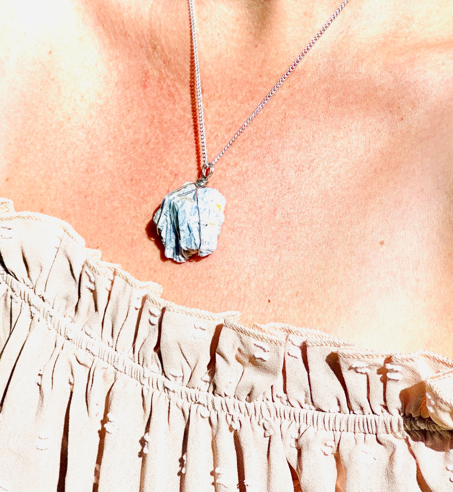 Blue kyanite wire wrapped on sterling silver 925 chain, By TBOS