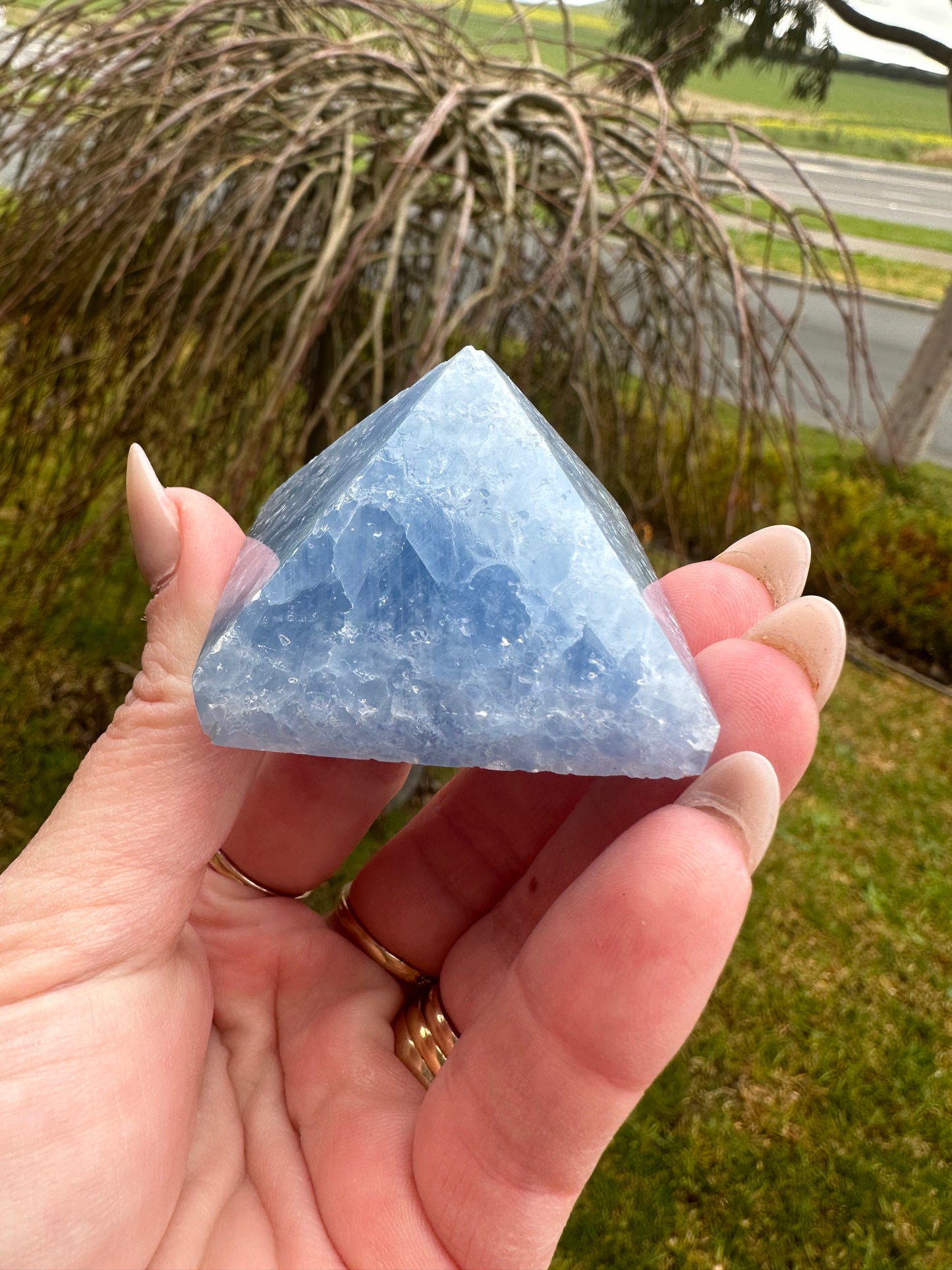Blue calcite pyramid