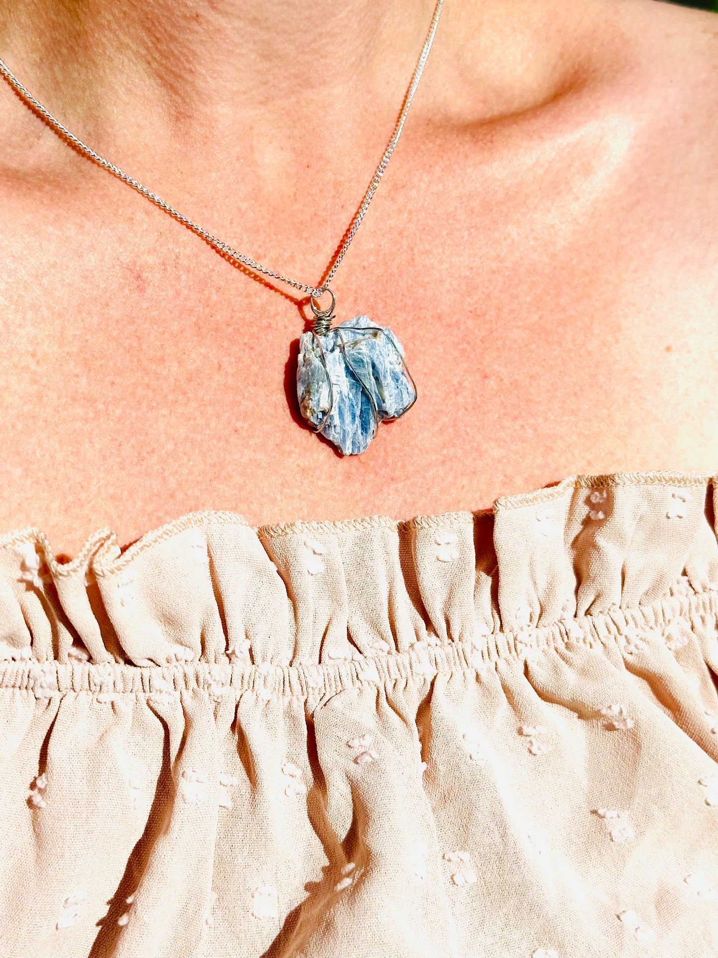 Blue kyanite wire wrapped on sterling silver 925 chain, By TBOS