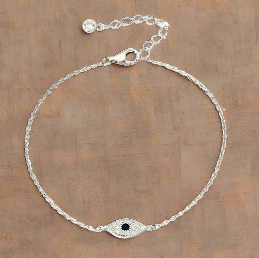 Dainty sterling silver evil eye bracelet