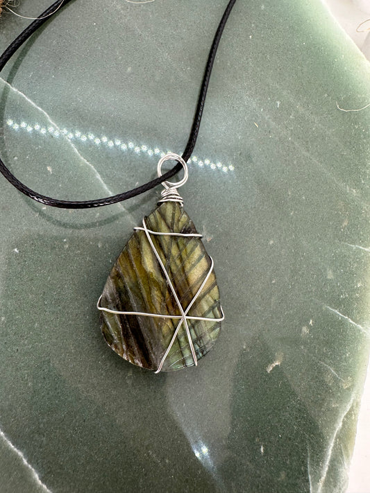 Wire wrapped labradorite leaf pendant