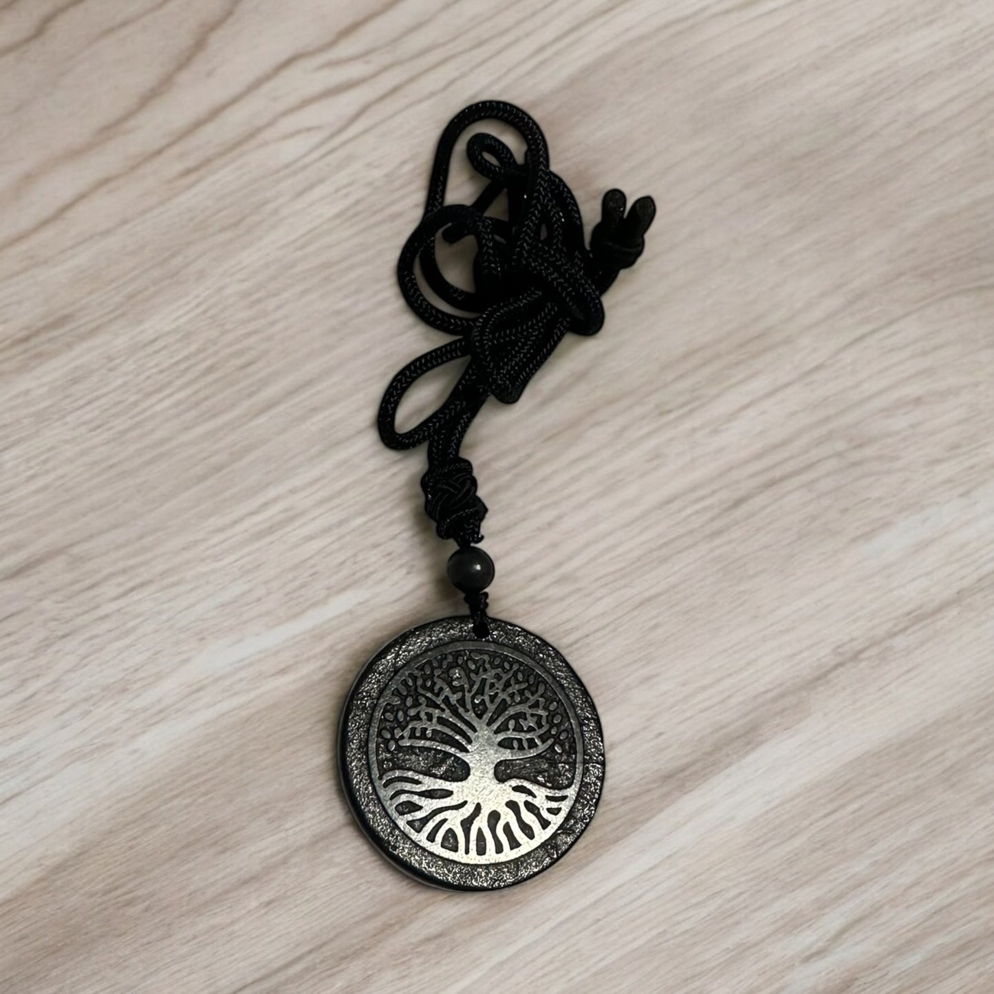 Shungite tree of life pendant on rope necklace