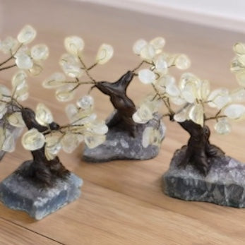 Mini clear quartz bonsai tree on cluster