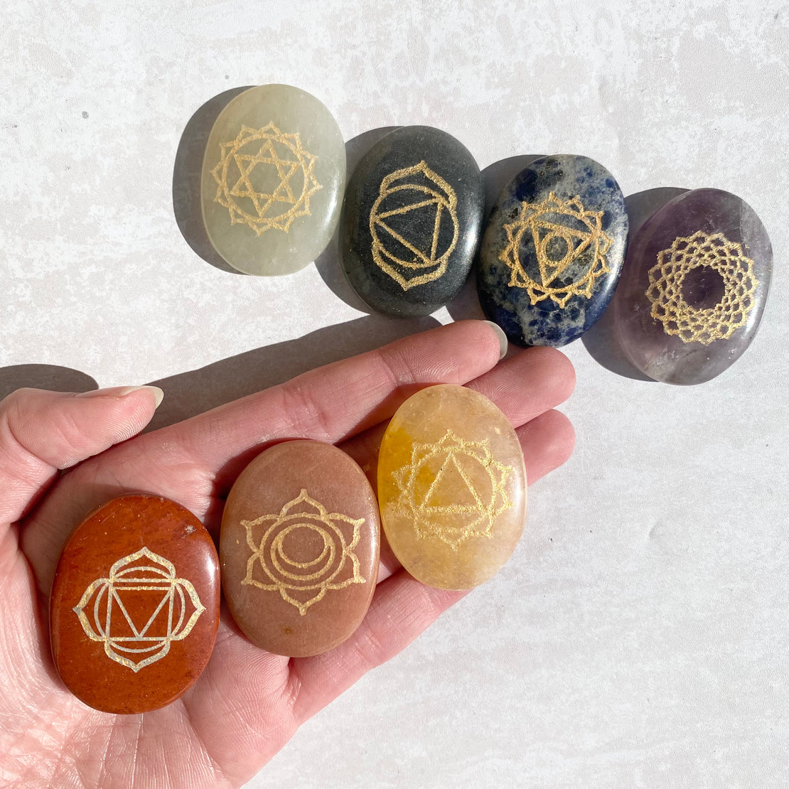 Chakra palm stone set in display box