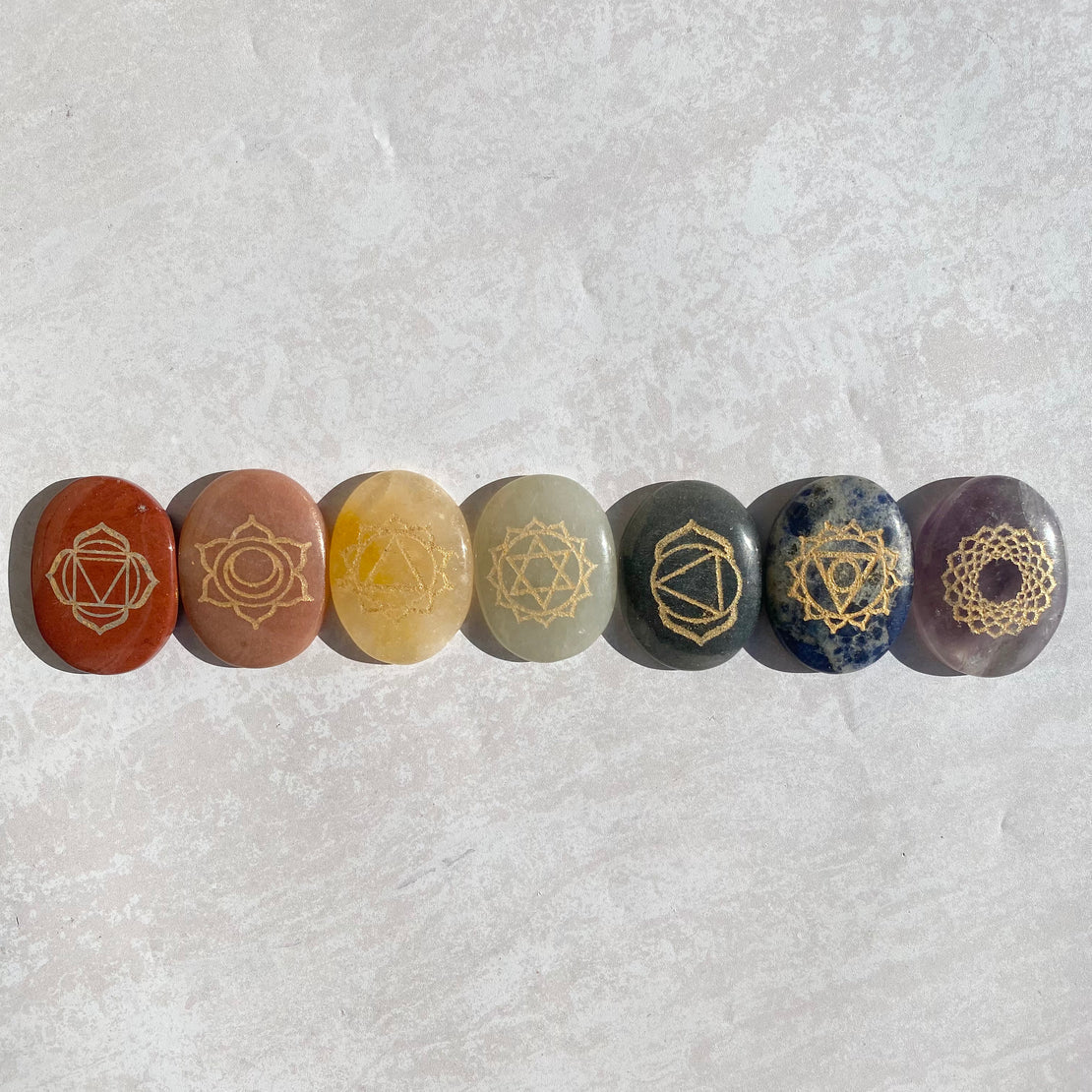 Chakra palm stone set in display box