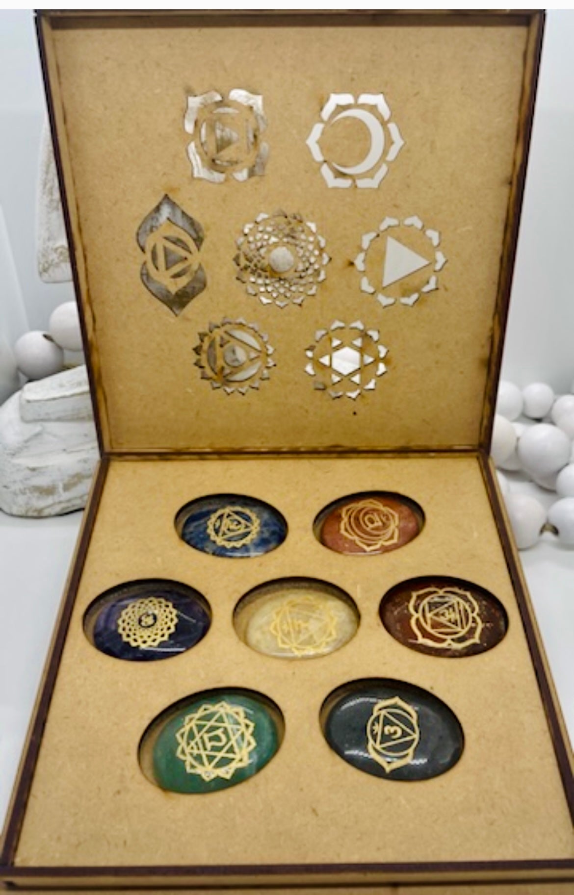 Chakra palm stone set in display box