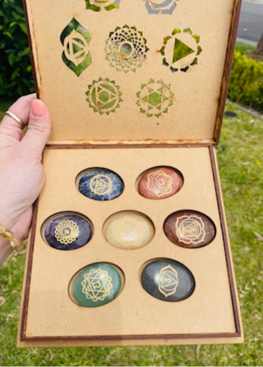 Chakra palm stone set in display box