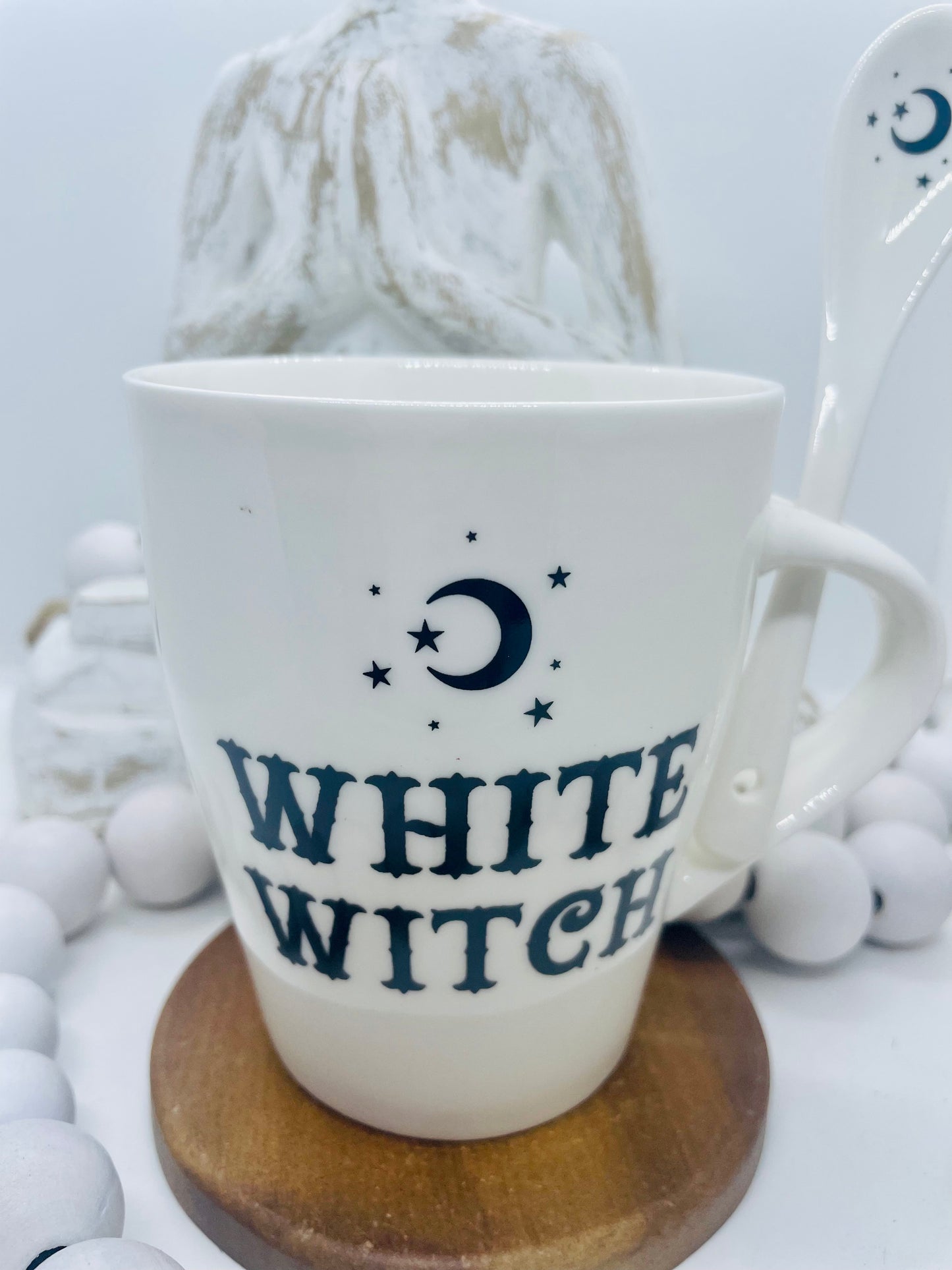 White witch mug with ceramic spoon