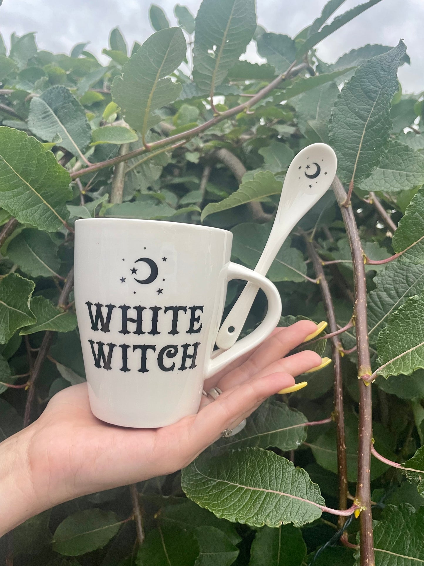 White witch mug with ceramic spoon