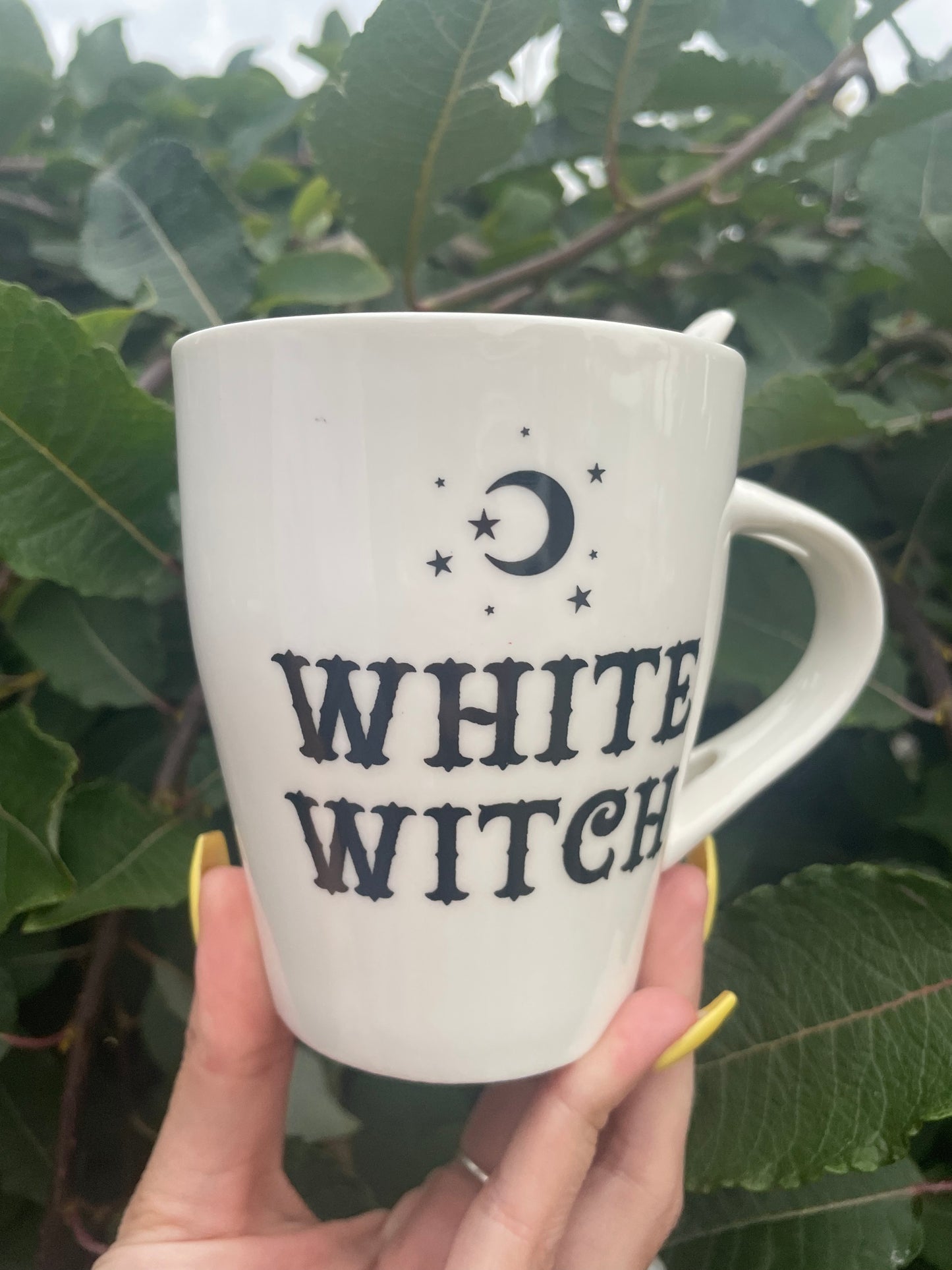 White witch mug with ceramic spoon